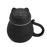 Hanbosym Keramik Teetasse mit Teesieb und Deckel (13.5oz), Teebecher mit süßem Katzen Design, Filter zum Einweichen von losem Blatt, Geschenk für Urlaub, Geburtstag, warmes Haus (Schwarz)