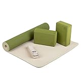 Bodhi Yoga Starter-Set Komplett | Set bestehend aus: 1 Yogamatte aus TPE, 2 Yoga-Bricks aus Eva (Moosgummi) und 1 Yoga-Gurt aus Baumwolle | Einsteiger-Set für Yoga-Anfänger (olivgrün/Sand)