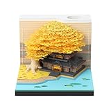 Schreibtischkalender mit Lichtern, 2024 Schreibtisch Kalender 3D Memo Pad Papier Kunst Sakura Baum Kreative 3D Notizblock Papier Schnitzen Geschenk Desktop Home Dekoration Geschenk (Geel)