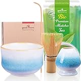 Goodwei BIO Matcha aus Japan im Matcha-Set komplett mit hochwertiger Matcha Schale aus Keramik, Matcha Besen und Besenhalter | Geschenkset für Teezeremonie (Rindō)