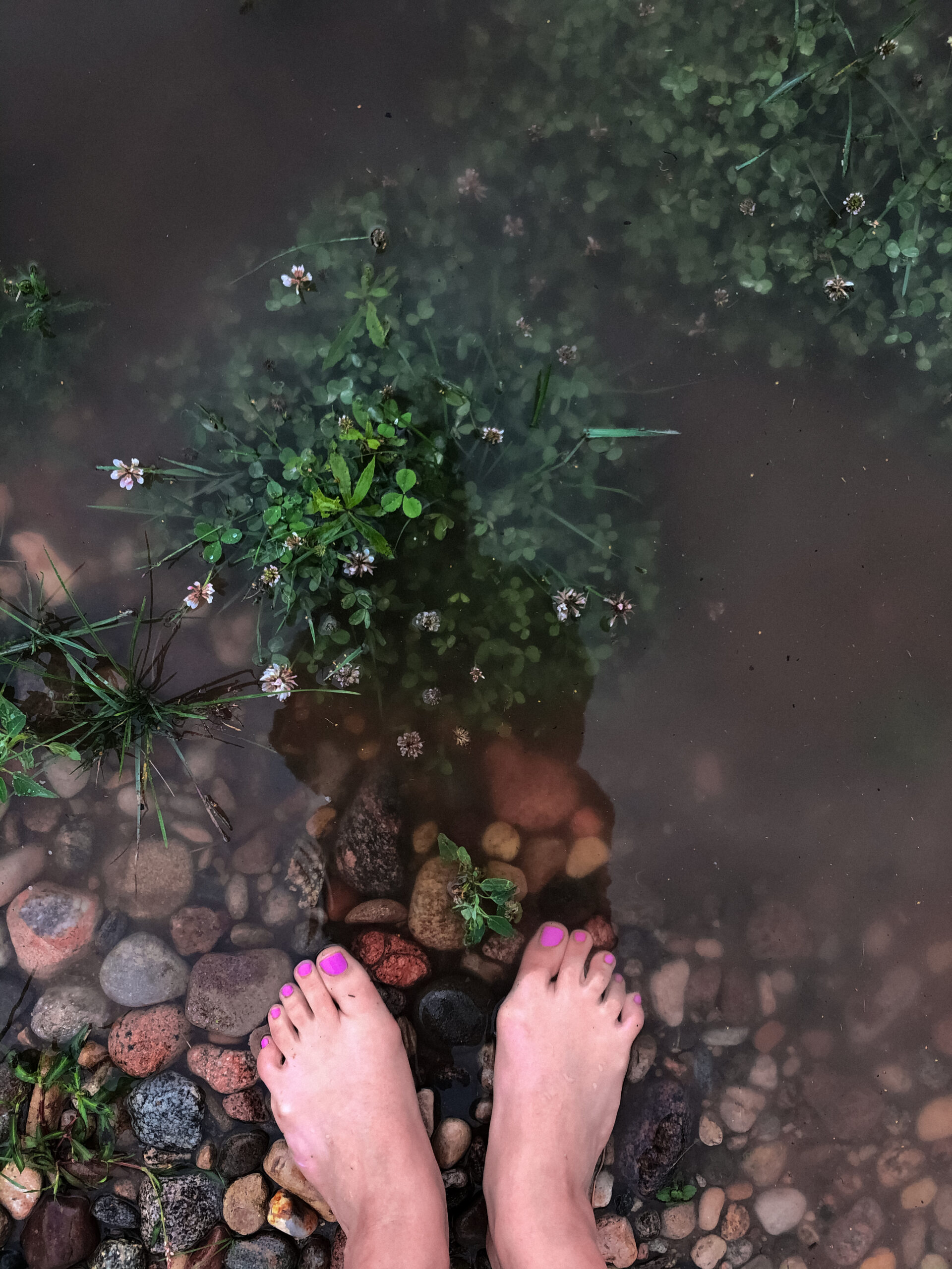 Die Füße einer Frau in einem kleinen Teich.